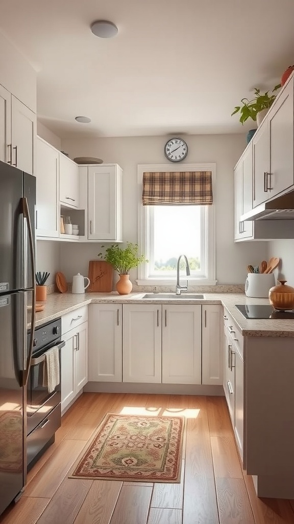 A bright U-shaped small kitchen with white cabinetry, a window, and warm wooden floors.