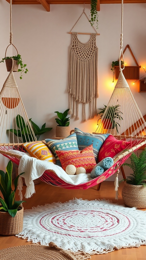 A cozy boho-style bedroom featuring a hammock with colorful pillows, plants, and a macrame wall hanging.