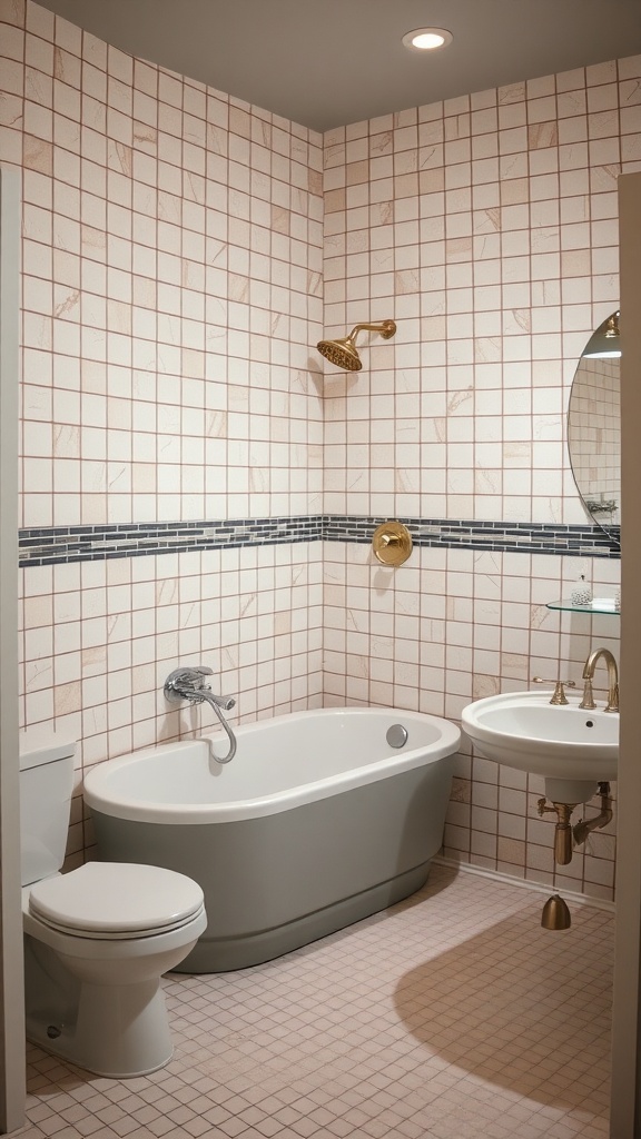 A cozy bathroom featuring a corner bathtub with warm tiles and golden fixtures.