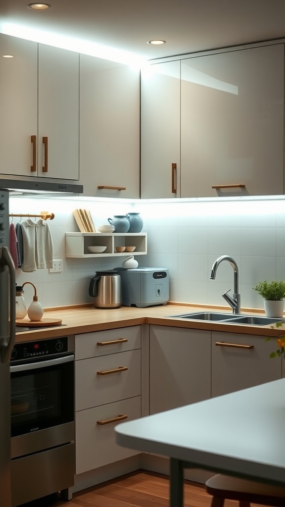 A modern kitchen with under-cabinet lighting illuminating the countertop.