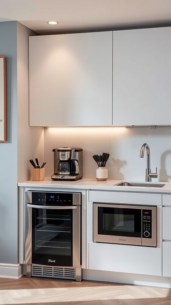 Modern small kitchen with under-counter appliances including a microwave and a wine cooler