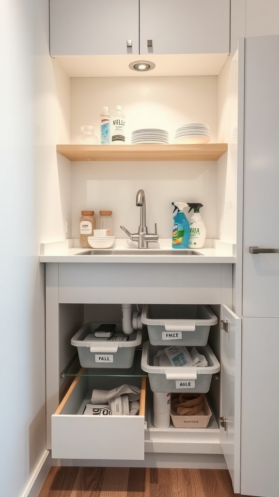 Under-sink storage with labeled bins and wooden drawer in a small kitchen.