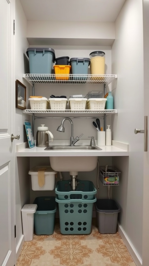 Organized under-sink storage with shelves and bins in a small kitchen