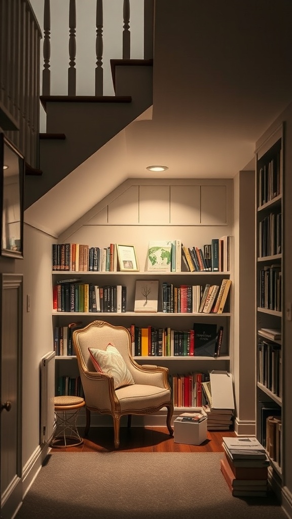 Cozy under-stairs book nook with bookshelves and a comfortable chair