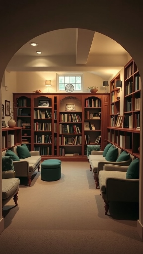 A cozy under-stairs library with comfortable seating and bookshelves.