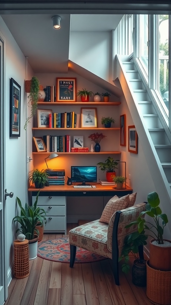 A cozy under-stairs office nook with a desk, computer, shelves of books, and plants.