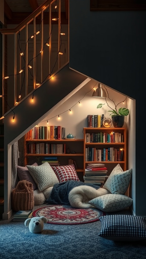 Cozy under-the-stairs reading corner with cushions, fairy lights, and a bookshelf.