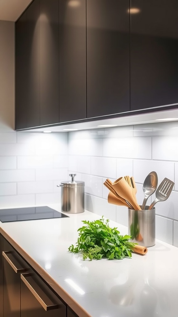 Under cabinet lighting illuminating a kitchen countertop with fresh herbs and kitchen utensils.