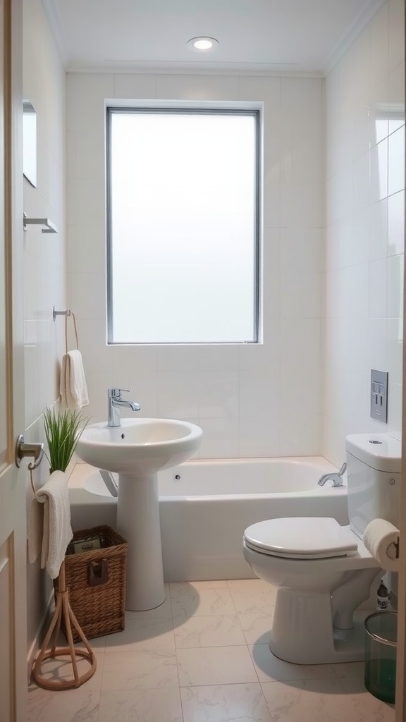 A simple and modern bathroom with a window, a sink, a bathtub, and a woven storage basket.