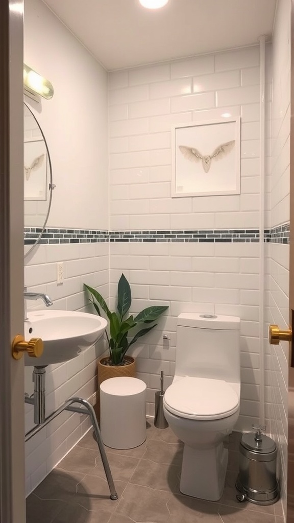 A small, modern bathroom featuring a circular mirror, wall-mounted sink, and plants, illustrating effective use of space.