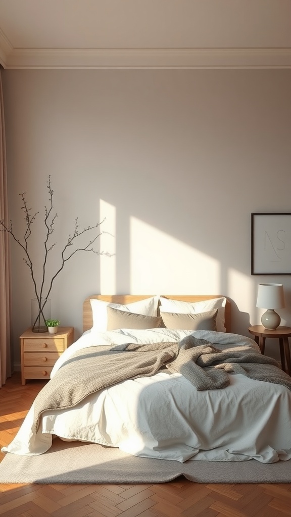 A minimalist bedroom featuring a neatly made bed, neutral tones, and soft sunlight streaming in.