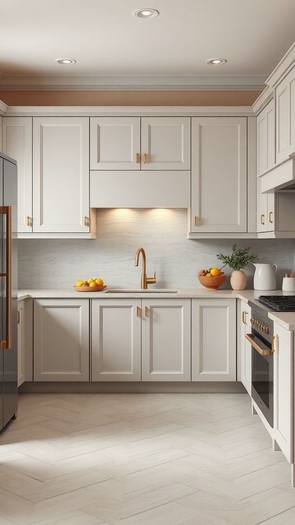 A kitchen featuring white cabinets with gold hardware, a neutral backsplash, and stylish decor.