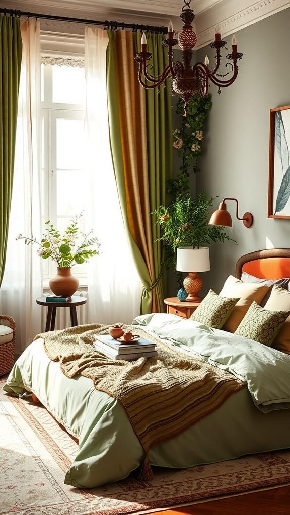 A cozy bedroom featuring green bedding, terracotta accents, and lush curtains, creating a warm and inviting space.