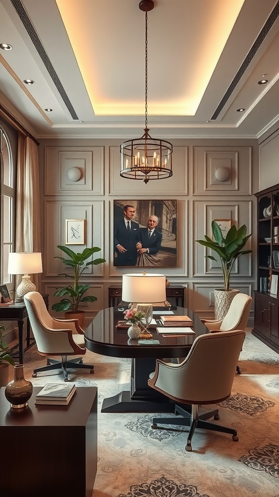 A sophisticated small office interior with neutral tones, featuring a round table, comfortable chairs, plants, and elegant wall decor.
