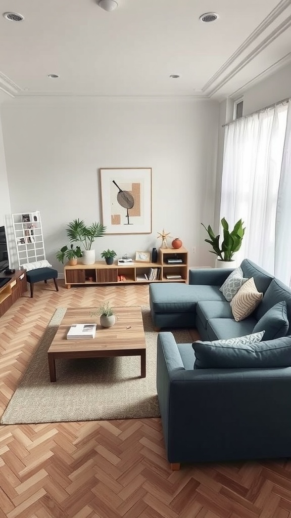 A cozy living room featuring a blue sectional sofa, wooden coffee table, and plants, showcasing a layered design.