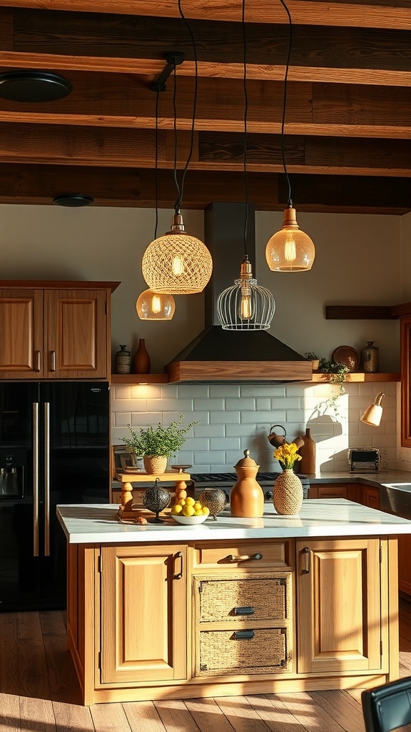 A stylish kitchen island with unique pendant lighting, showcasing various shapes and textures against wooden cabinets and beams.