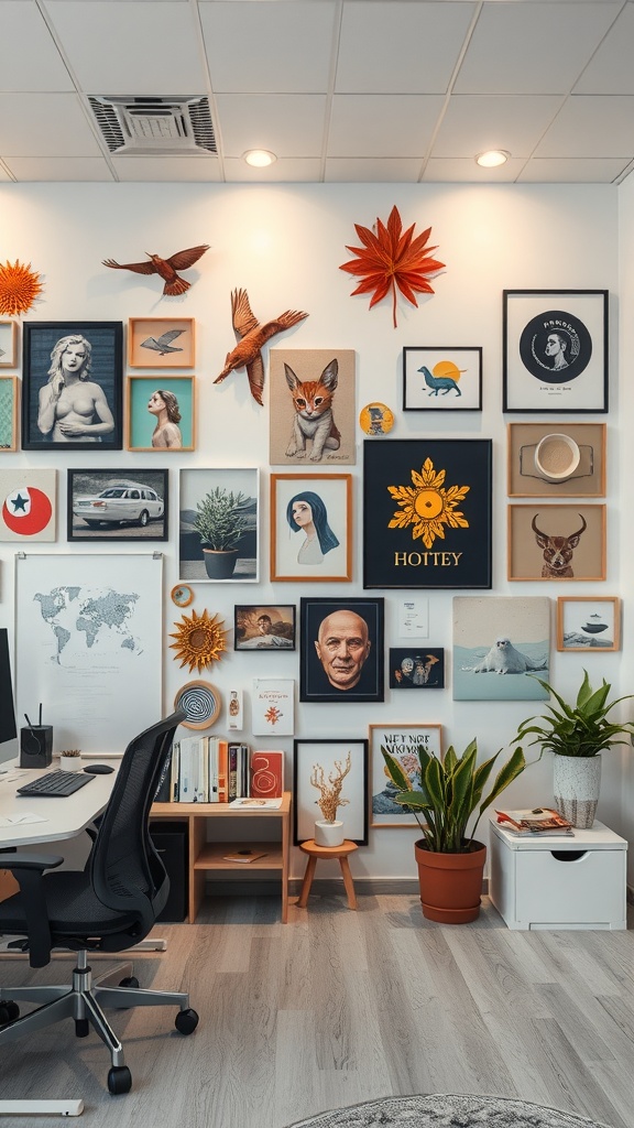 An eclectic art display wall featuring various frames, paintings, and sculptures in a small office.