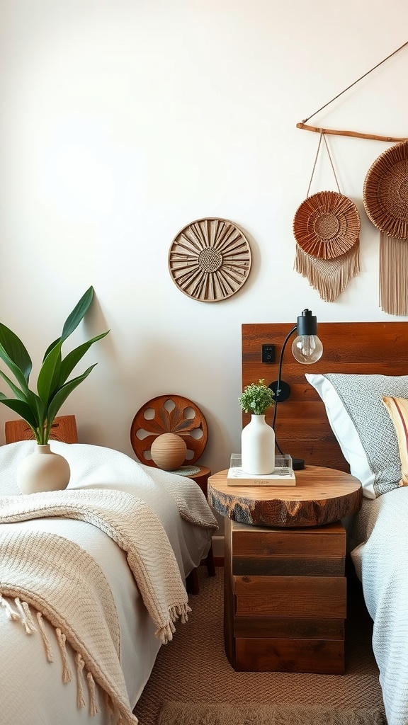 A cozy boho bedroom featuring unique wooden bedside tables, a potted plant, and woven wall decor.