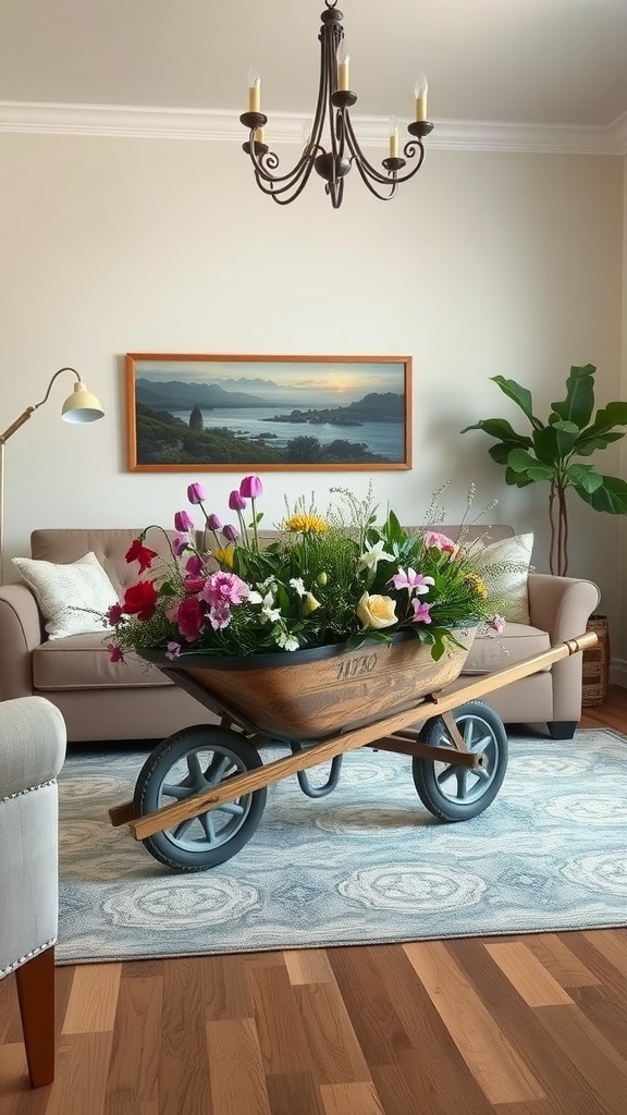 A vintage wheelbarrow filled with colorful flowers serves as a unique centerpiece in a cozy living room.