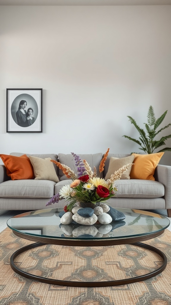 A cozy farmhouse living room featuring a unique coffee table centerpiece with stones and flowers