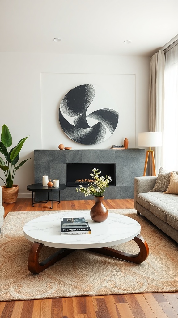 A modern living room featuring a unique round coffee table with a marble top and wooden legs, surrounded by gray sofas and decorative accents.