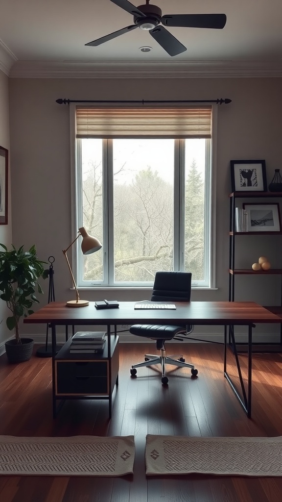 A modern home office setup featuring a wooden desk, black chair, and large window with natural light.