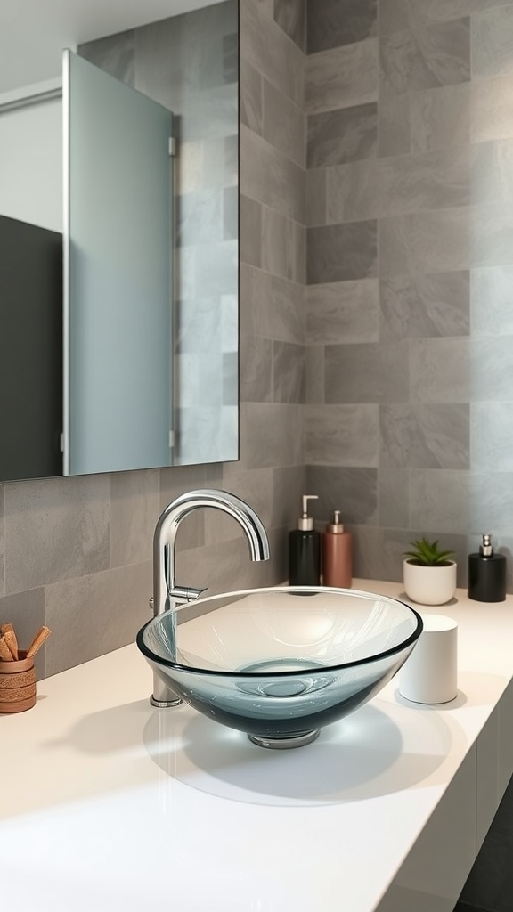 A modern bathroom featuring a unique glass sink and stylish chrome faucet.