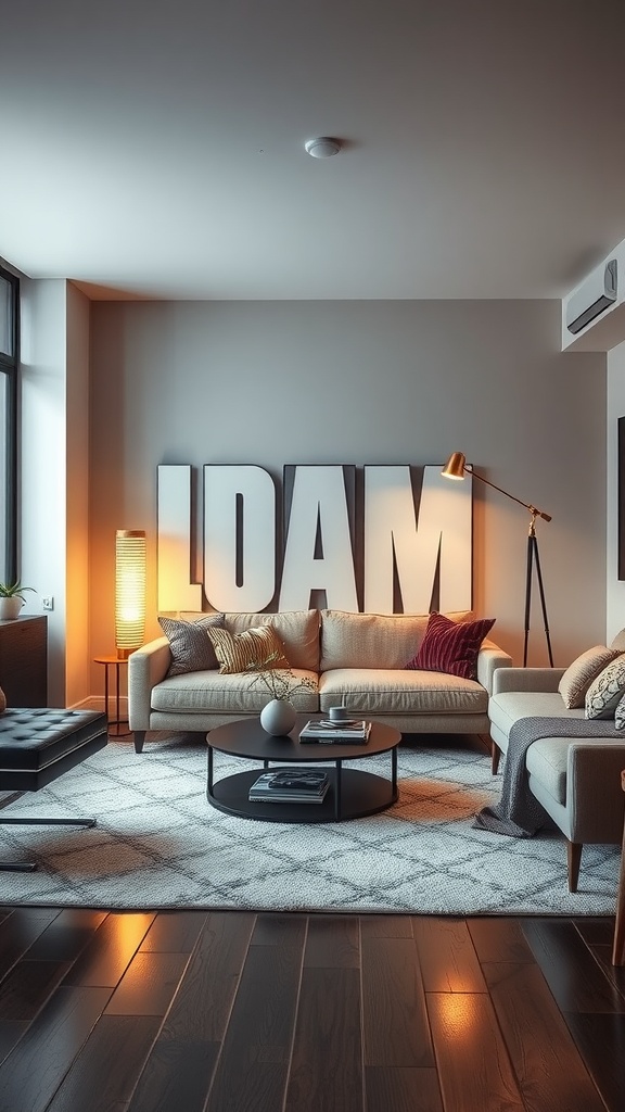 A stylish living room with unique floor lamps, featuring modern furniture and warm lighting.