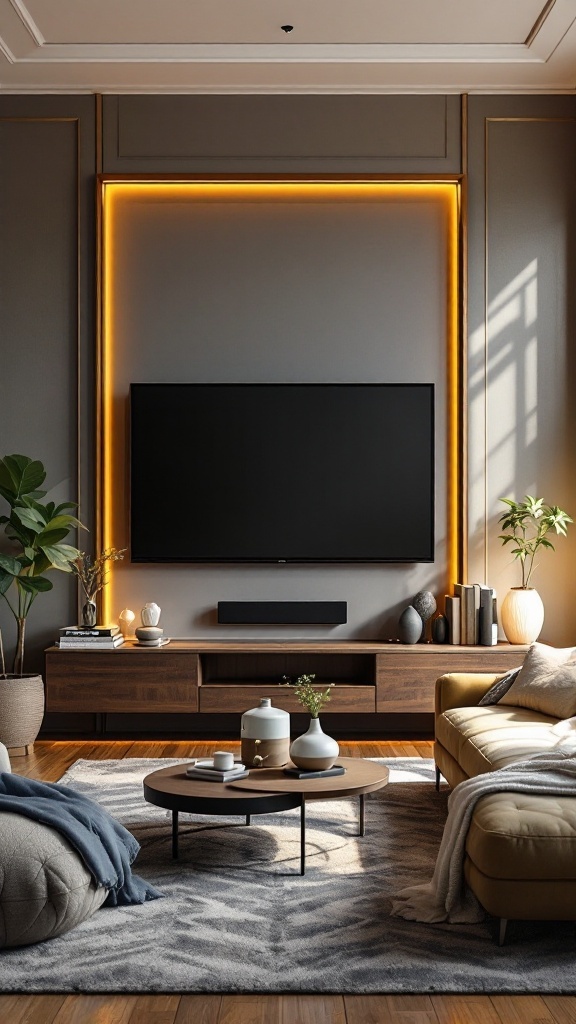 Modern luxury TV wall design featuring a framed TV with warm lighting.