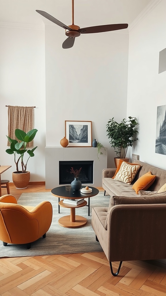 A cozy living room with a brown sofa, orange armchair, black coffee table, and plants, showcasing a fusion of Mediterranean and Gothic styles.