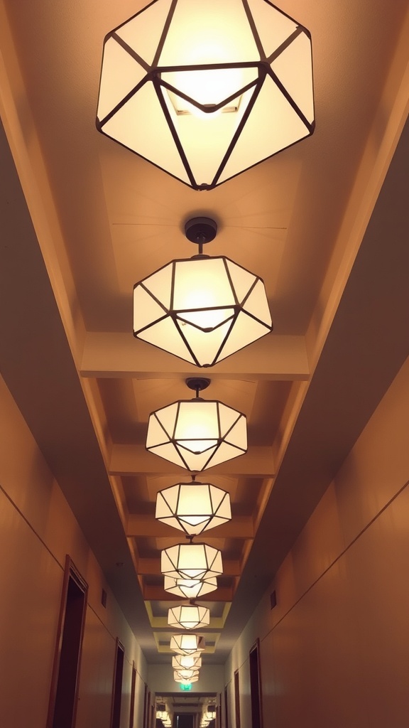 A hallway featuring a row of geometric pendant lights with hexagonal shapes.