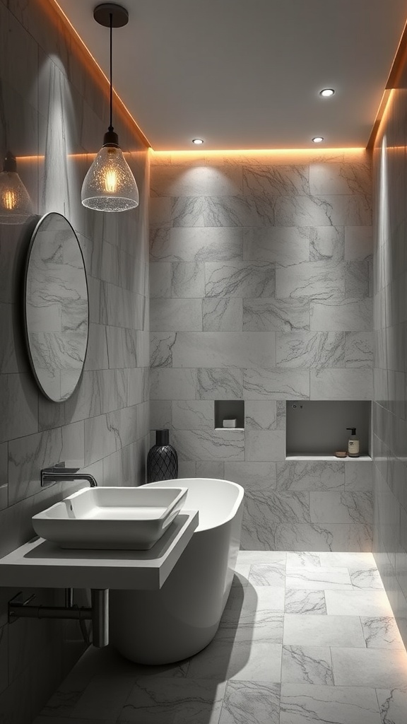 A modern gray and white bathroom featuring unique lighting designs, showcasing ambient and pendant lights.