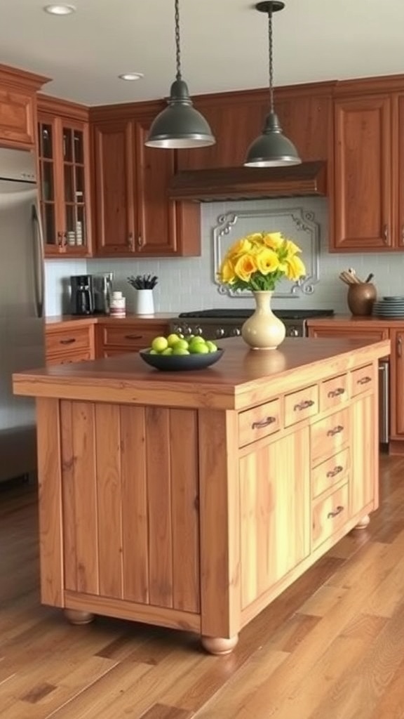 A rustic modern kitchen island made of wood with a black stool, bowls of fruit, and cookbooks on top.