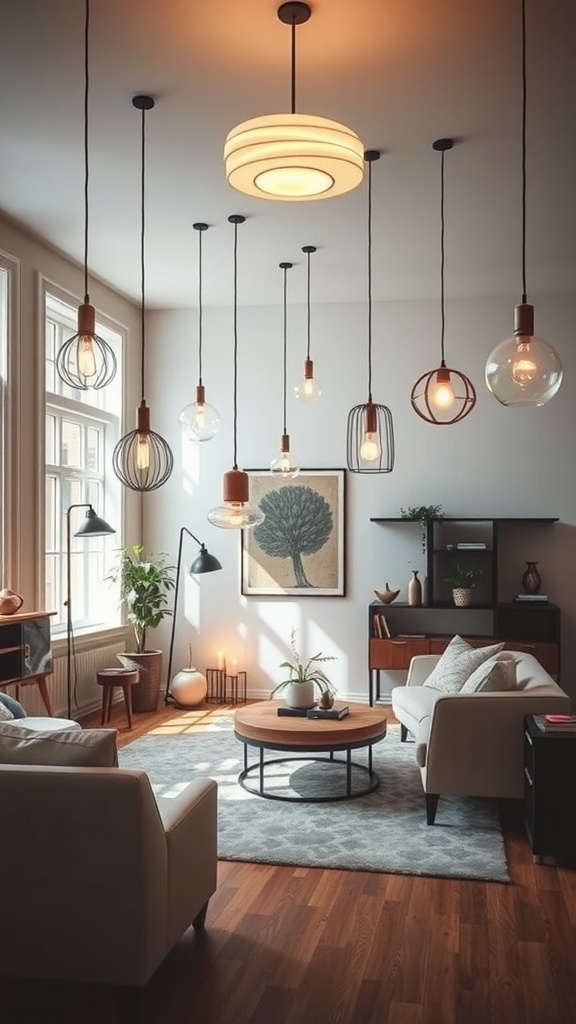 A living room with unique lighting fixtures including a large circular pendant light and smaller decorative pendants, creating a layered and eclectic design.