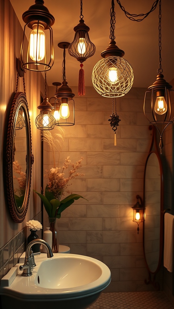 A boho-style bathroom with unique hanging lights, featuring a mix of lantern designs and warm ambiance.