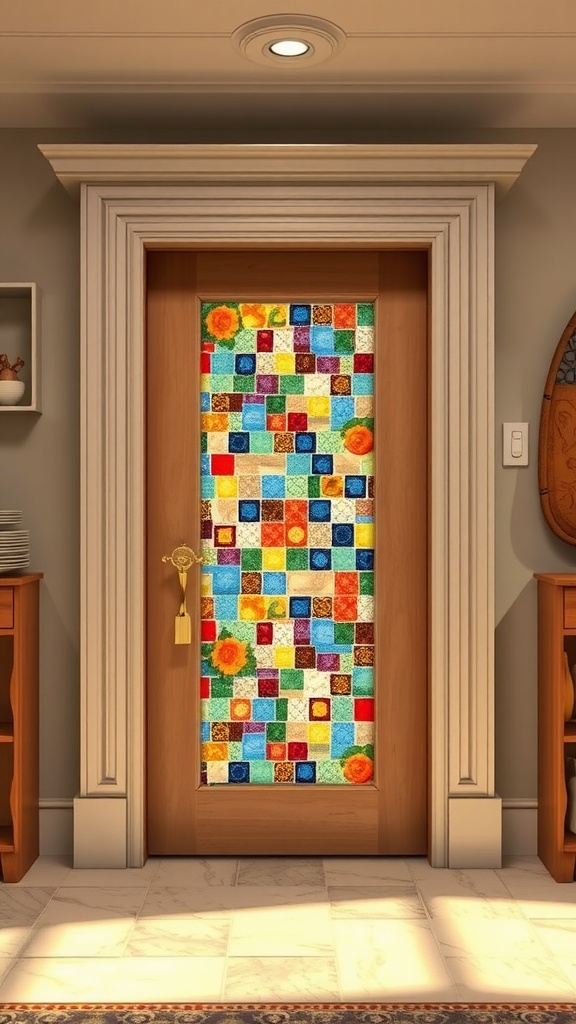 A pantry door featuring a vibrant mosaic tile design with colorful patterns and shapes.