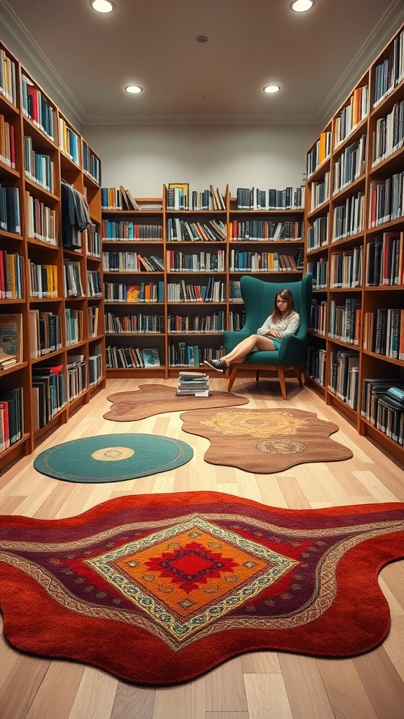 A cozy library featuring unique shaped rugs in various colors and designs, with a person reading in a comfortable chair.
