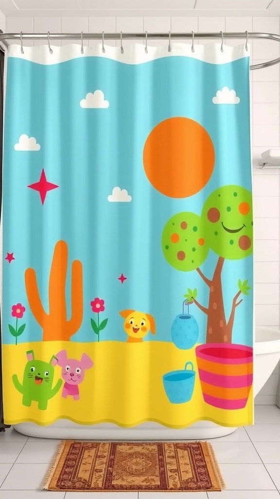 Colorful shower curtain featuring playful characters and a sunny scene, representing 70s decor