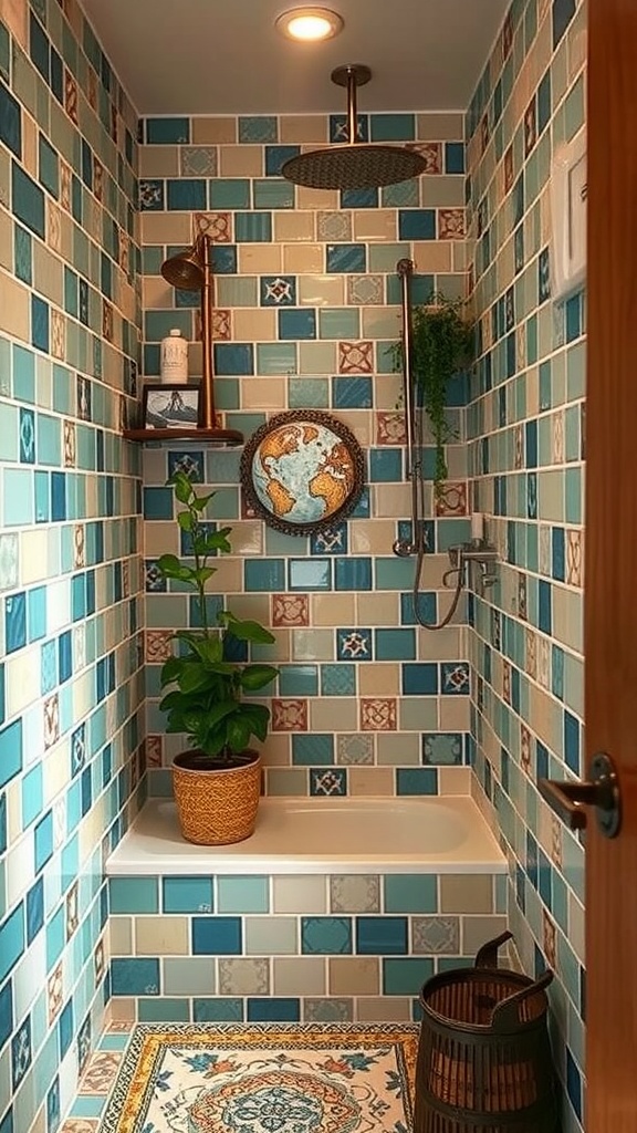 A unique shower nook featuring colorful tiled walls, a globe art piece, a potted plant, and a stylish floor mat.