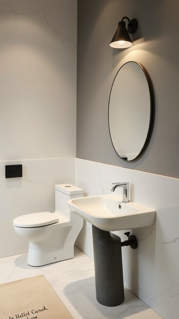 A modern bathroom featuring a unique sink design on a textured base, with a round mirror and minimalist decor.