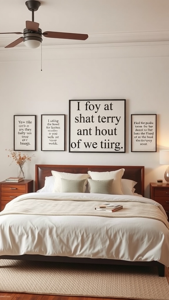 Cozy master bedroom featuring unique wall art displays with framed quotes.