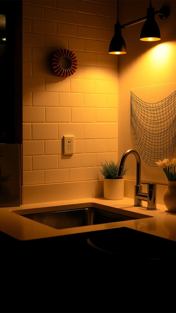 A kitchen sink with warm up lighting illuminating the area, creating a cozy atmosphere.