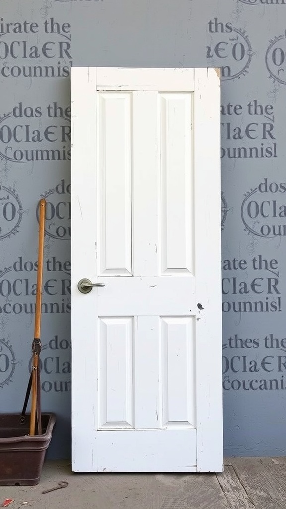 An upcycled door with a chic painted finish, standing against a gray wall, showcasing its stylish design.