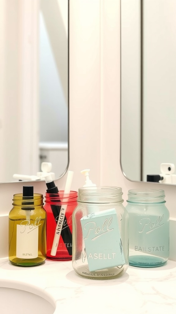 Colorful upcycled mason jars on a bathroom counter.