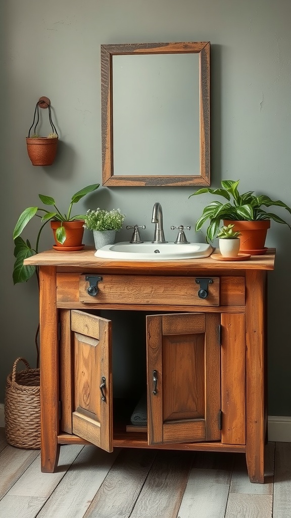 A rustic wooden bathroom vanity with a sink, mirror, and potted plants, set against a gray wall.