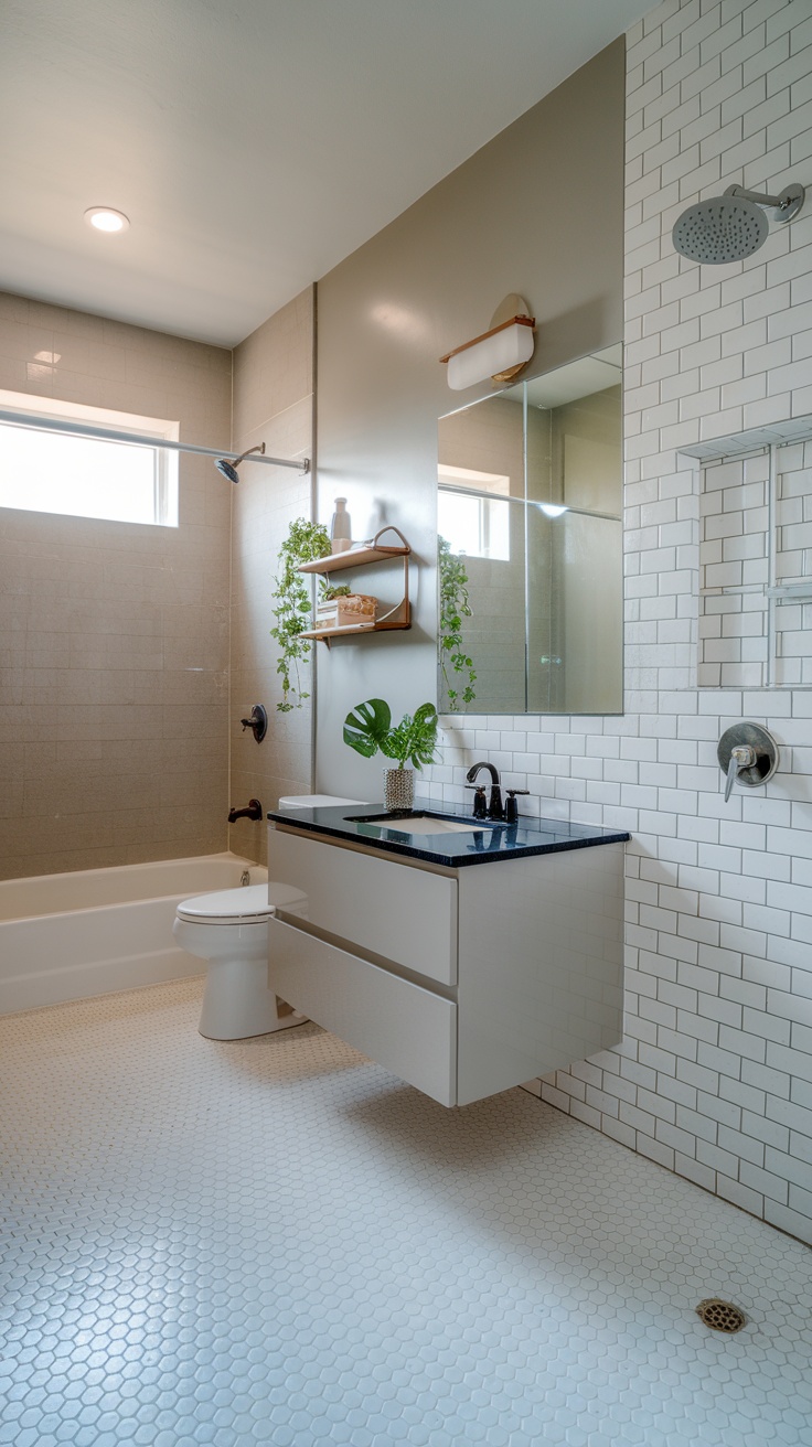 Before image of a builder-grade bathroom with basic fixtures and white walls