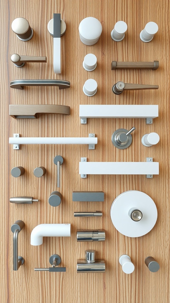 A variety of kitchen hardware including handles, knobs, and fixtures arranged on a wooden surface.