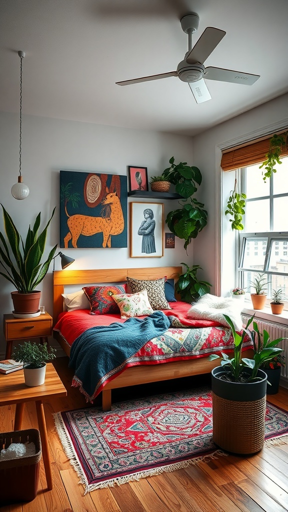 A stylish urban boho bedroom featuring a colorful bed, potted plants, and unique artwork.