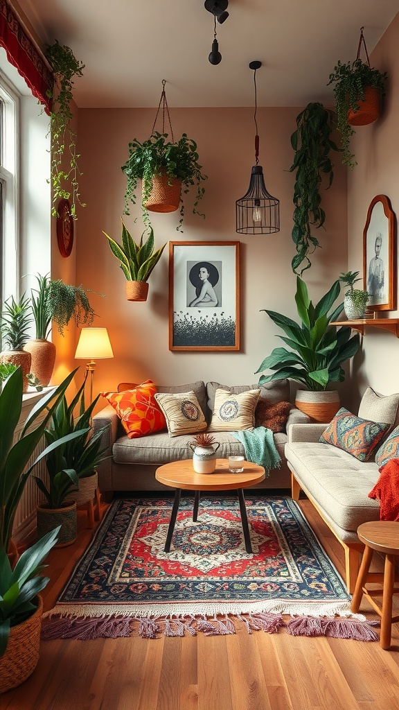 Cozy urban boho living space with plants, colorful pillows, and a patterned rug.