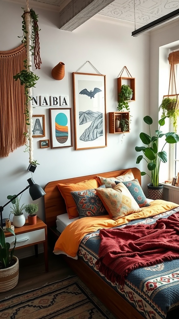 A cozy urban boho bedroom with warm colors, wooden furniture, and hanging plants.